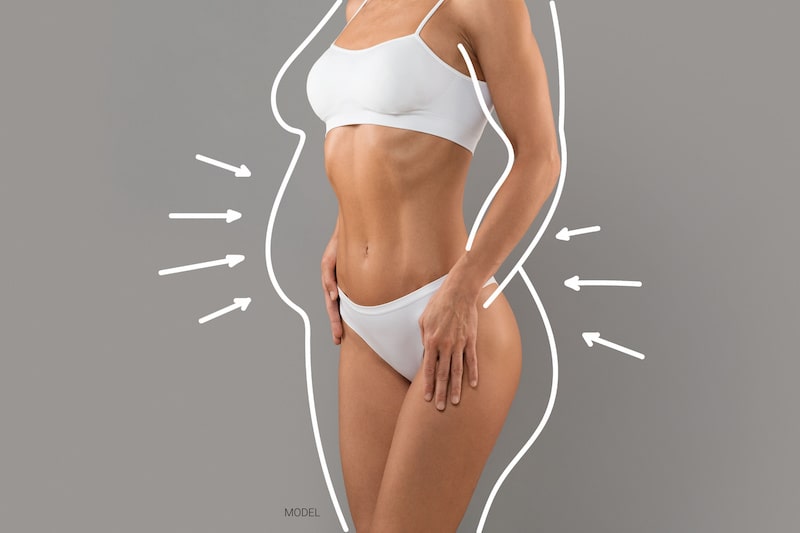 color image of thin woman wearing bra/panties, with an illustration of a larger body profile surrounding her
