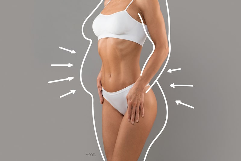 color image of thin woman wearing bra/panties, with an illustration of a larger body profile surrounding her